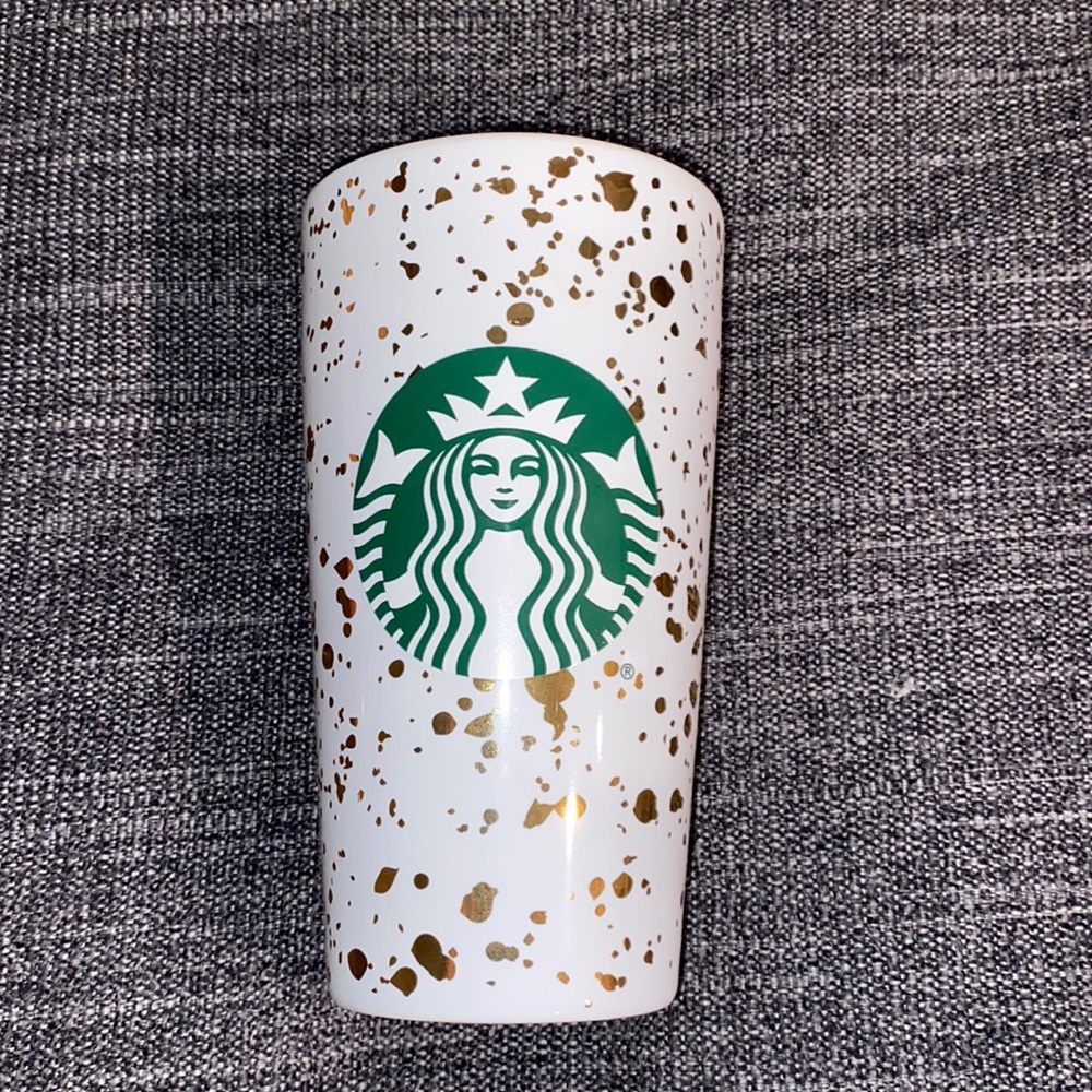 Metallic gold paint splatter Starbucks travel mug